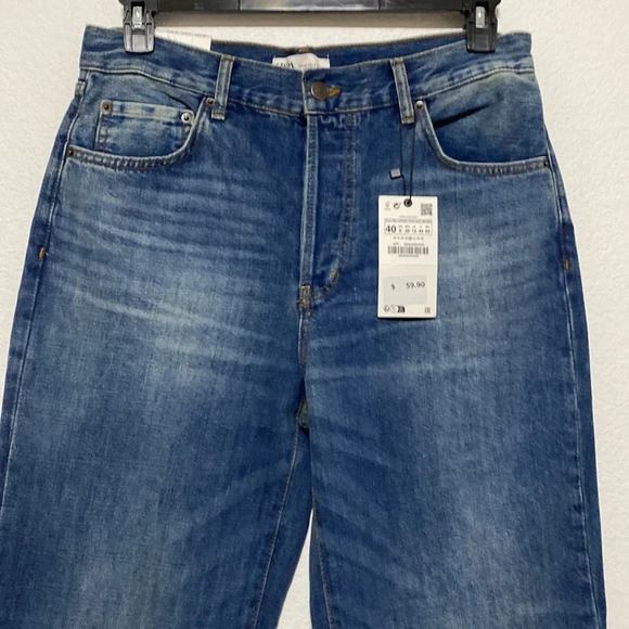 Zara NEW Signature Denim The Loose Fit Wide Leg Pants In Distressed Blue Size 8 - Picture 2 of 8